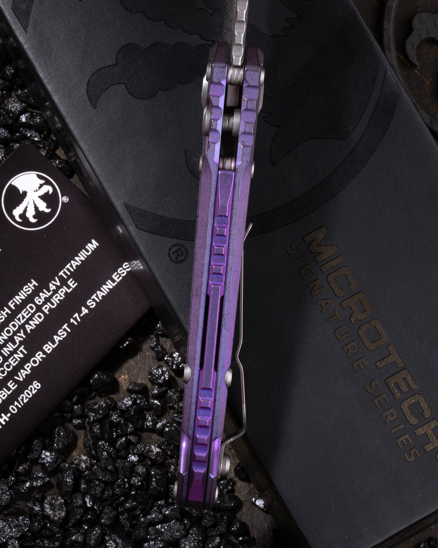 L.U.D.T CLIP POINT MARFIONE SELECT STONEWASH FINISH PURPLE HAZE ANODIZED TITANIUM W/ TEXTURED INLAY AND PURPLE TITANIUM ACCENT DOUBLE VAPOR BLAST STAINLESS