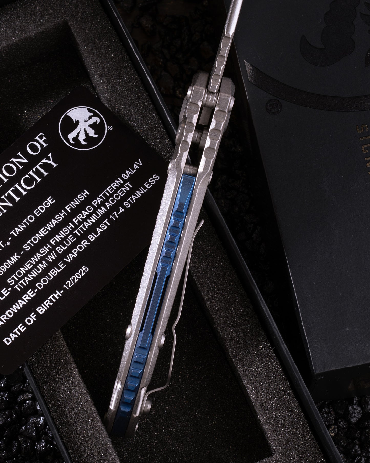 LUDT – TANTO EDGE MARFIONE SELECT STONEWASH FINISH STONEWASH FINISH FRAG PATTERN TITANIUM W/BLUE TITANIUM ACCENT DOUBLE VAPOR BLAST STAINLESS