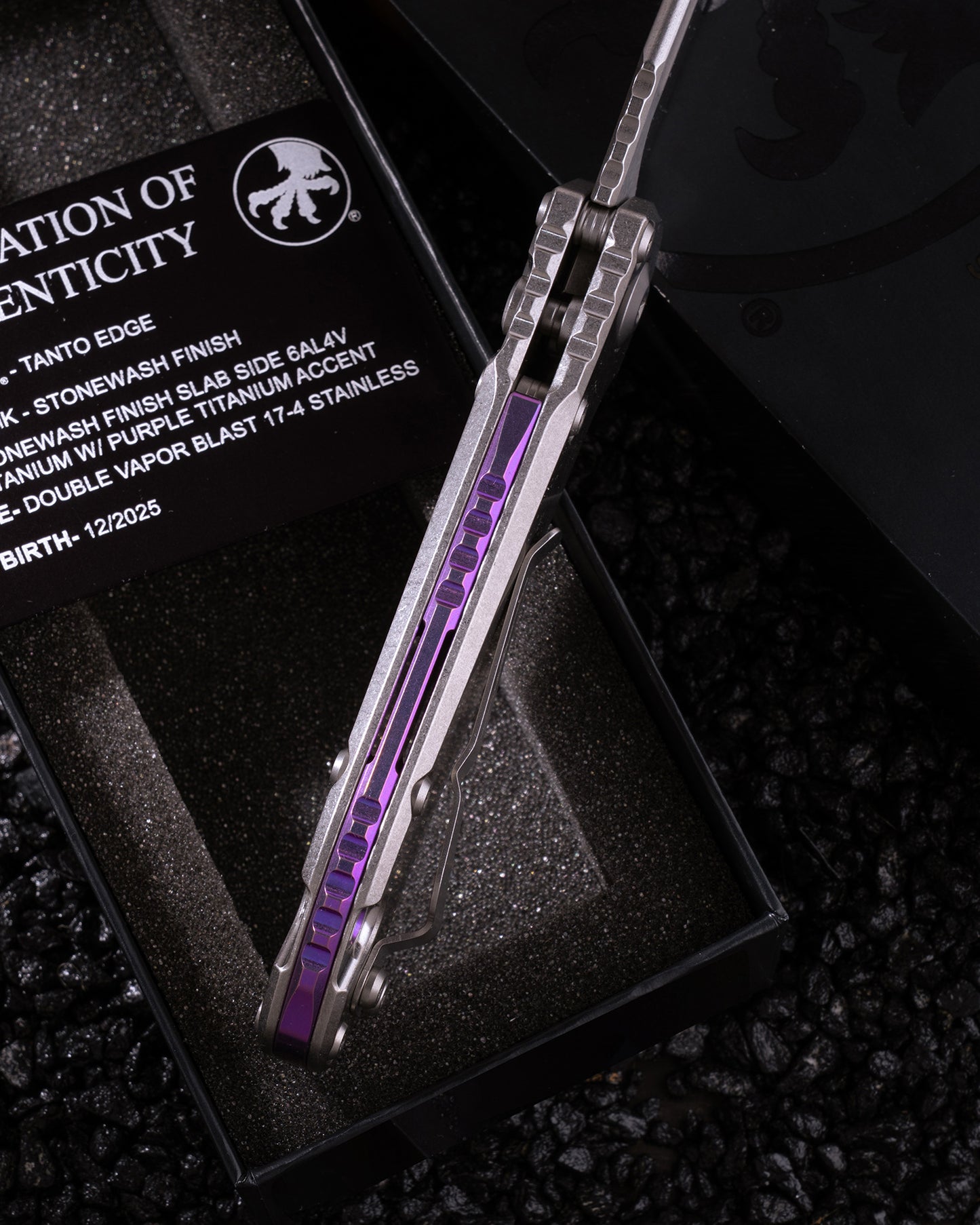 L.U.D.T TANTO EDGE MARFIONE SELECT STONEWASH FINISH STONEWASH FINISH SLAB SIDE TITANIUM W/ PURPLE TITANIUM ACCENT DOUBLE VAPOR BLAST STAINLESS