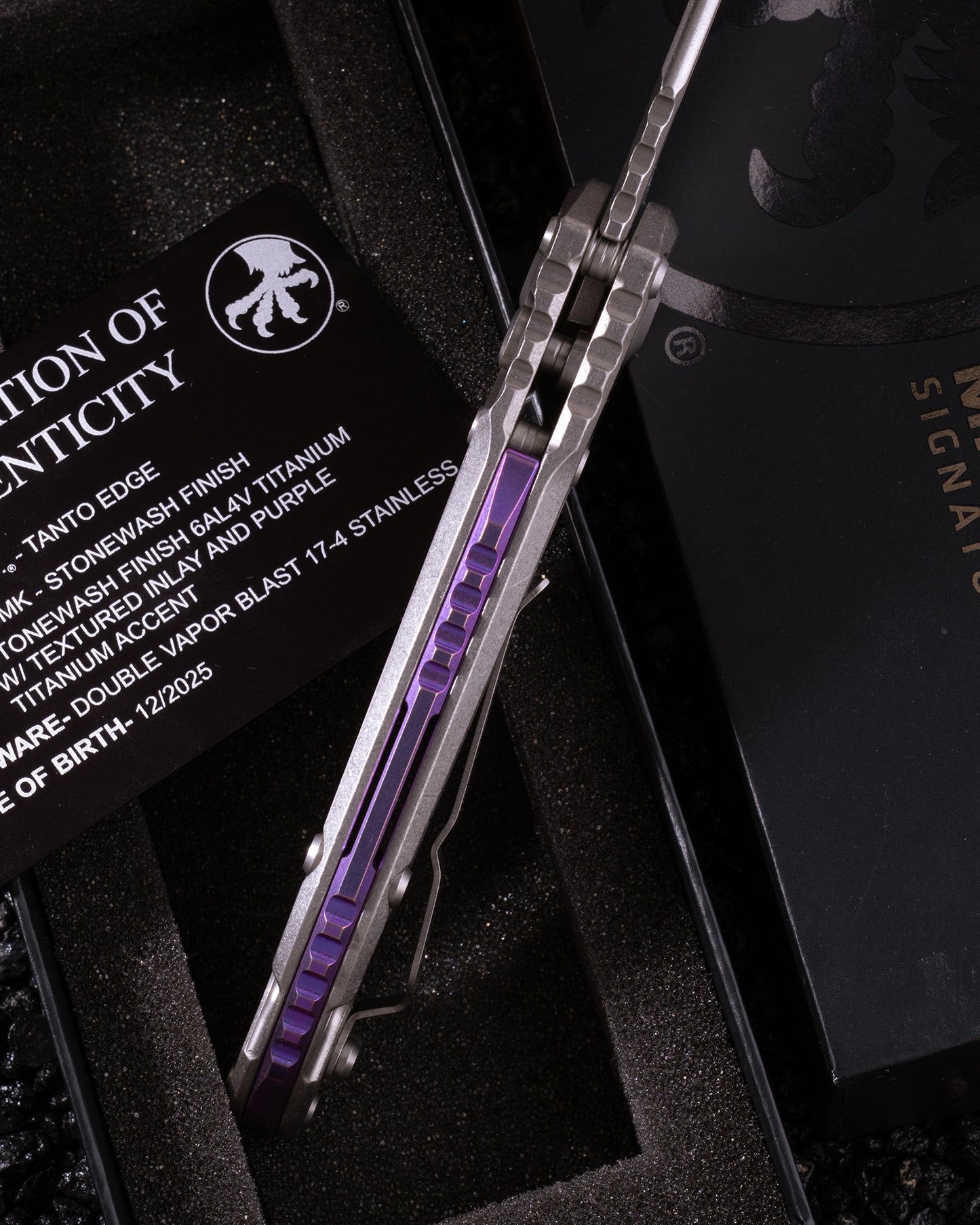 L.U.D.T TANTO EDGE MARFIONE SELECT STONEWASH FINISH STONEWASH FINSIH TITANIUM W/ TEXTURED INLAY AND PURPLE TITANIUM ACCENT DOUBLE VAPOR BLAST STAINLESS