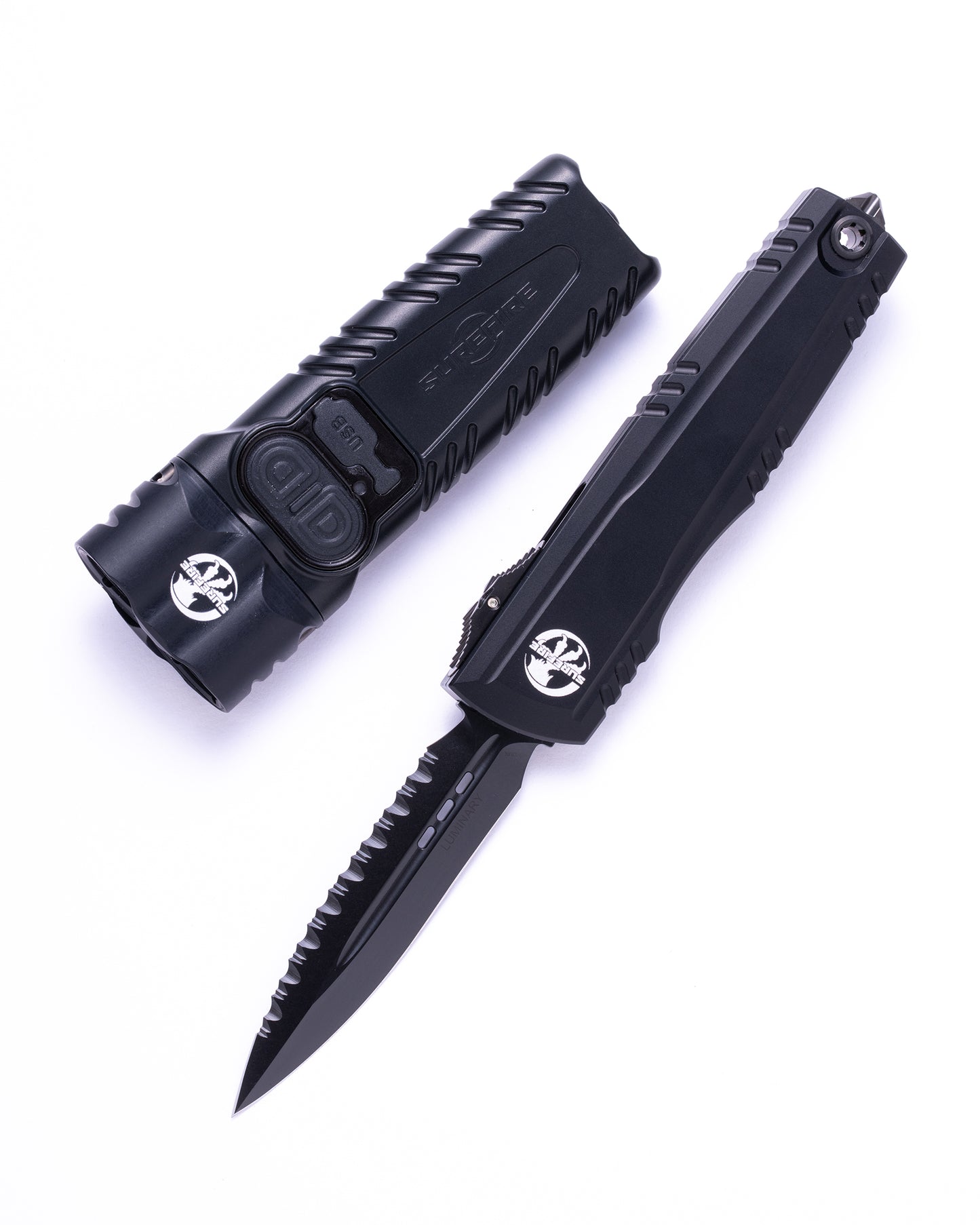 Microtech® / Surefire® Luminary D/E - Stiletto Pro II Collaboration Zero Blade Play DLC Stonewash Full Serrated (1270-3DLCT SET)