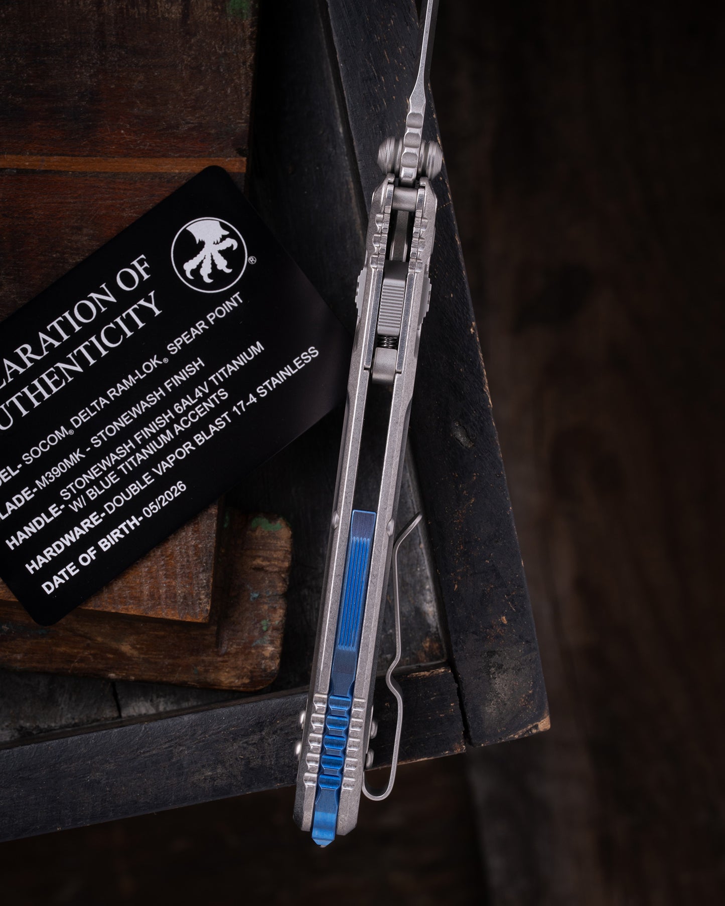 SOCOM® DELTA RAM-LOK® SPEAR POINT MARFIONE SELECT STONEWASH FINISH STONEWASH FINISH TITANIUM W/ BLUE TITANIUM ACCENTS DOUBLE VAPOR BLAST STAINLESS (159RL-10SMS3)