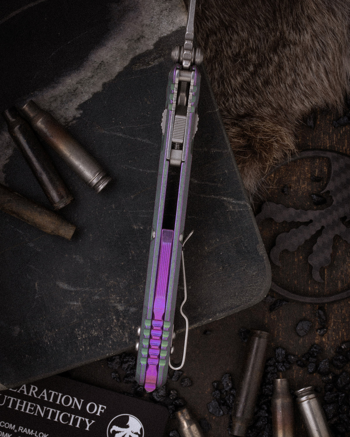 Socom® RAM-LOK® CLIP POINT MARFIONE SELECT STONEWASH FINISH NEBULA GREEN TITANIUM WITH TEXTURED INLAY AND PURPLE TITANIUM ACCENTS DOUBLE VAPOR BLAST STAINLESS (160RL-10MS10)