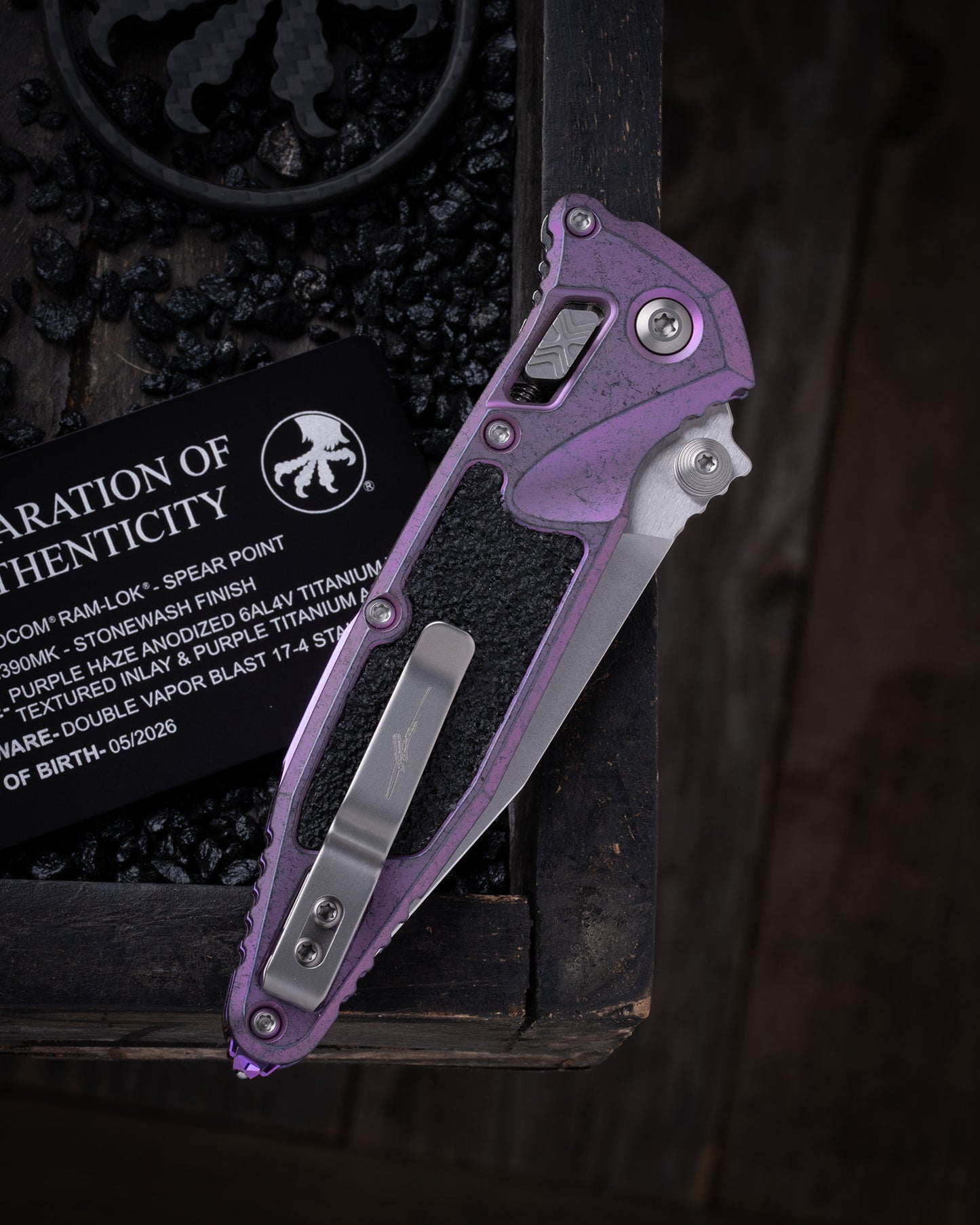 Socom® RAM-LOK® – Spear Point Marfione Select Stonewash Finish Purple Haze Anodized Frag Pattern Titanium W/ Purple Titanium Accent Double Vapor Blast Stainless (160RL-10SMS6)