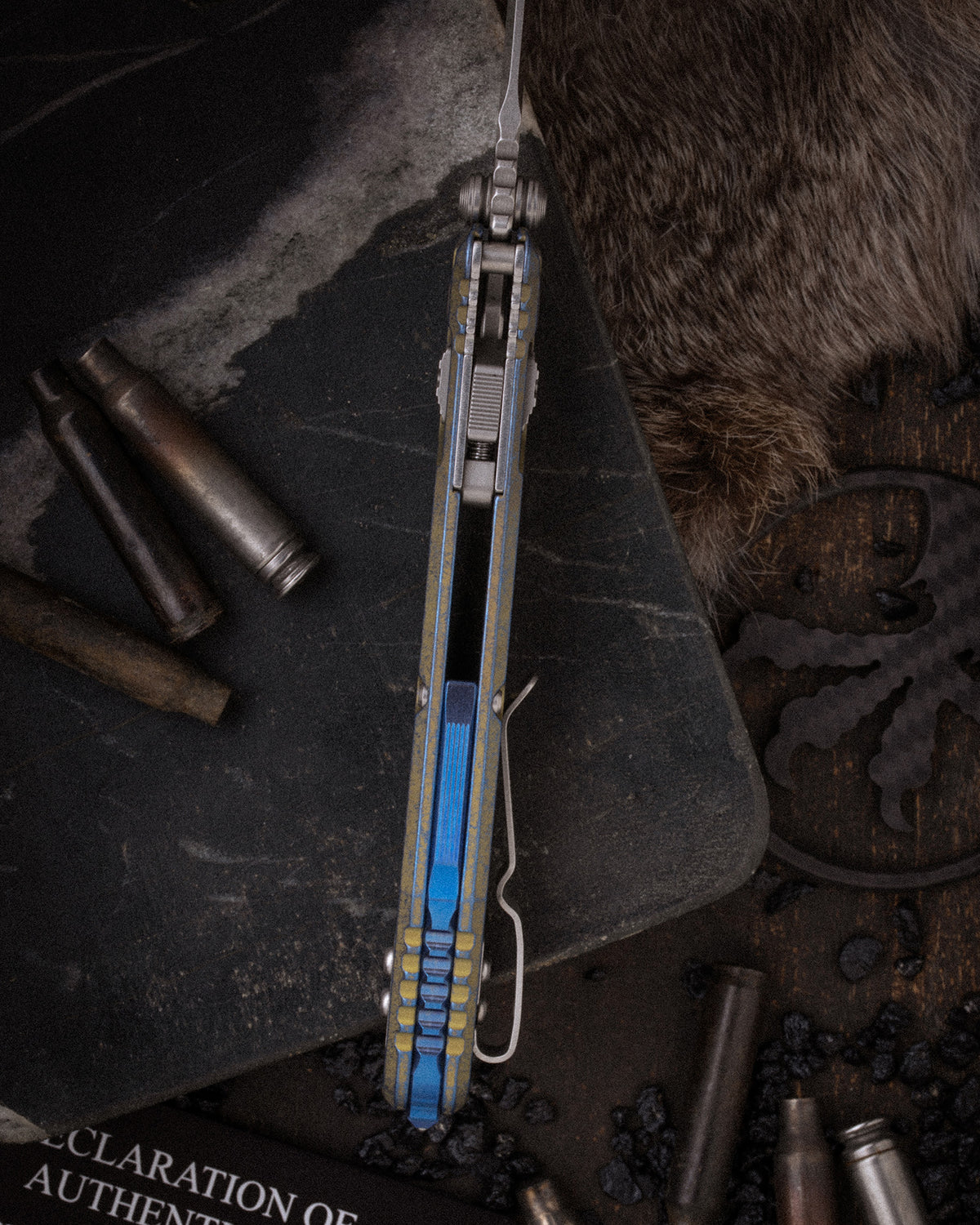 Socom® RAM-LOK® SPEAR POINT MARFIONE SELECT STONEWASH FINISH GALACTIC GOLD TITANIUM WITH TEXTURED INLAY AND BLUE TITANIUM ACCENTS DOUBLE VAPOR BLAST STAINLESS (160RL-10SMS8)