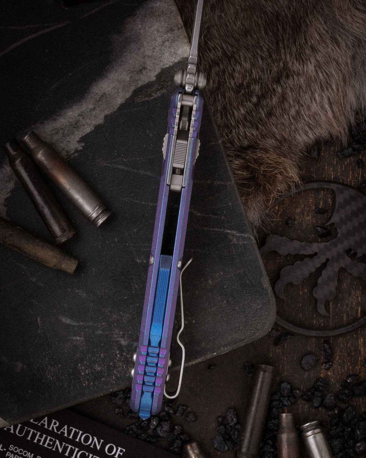 Socom® RAM-LOK® CLIP POINT PARTIAL SERRATED MARFIONE SELECT STONEWASH FINISH GALACTIC PURPLE TITANIUM WITH TEXTURED INLAY AND BLUE TITANIUM ACCENTS DOUBLE VAPOR BLAST STAINLESS (160RL-11MS9)