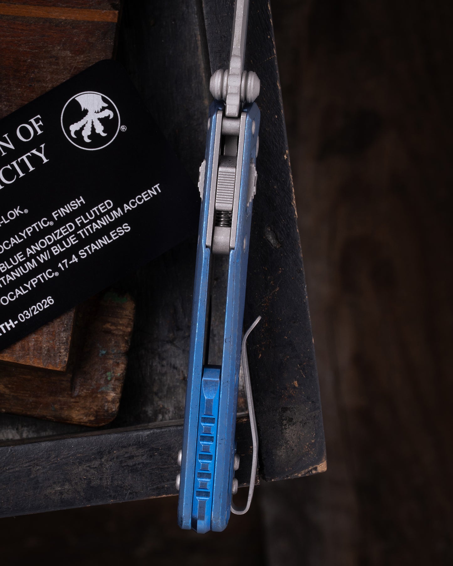 MSI® RAM-LOK® MINI MARFIONE SELECT APOCALYPTIC FINISH ANTIQUE BLUE ANODIZED FLUTED TITANIUM W/ BLUE TITANIUM ACCENT APOCALYPTIC STAINLESS (210M-10APFLMS2)