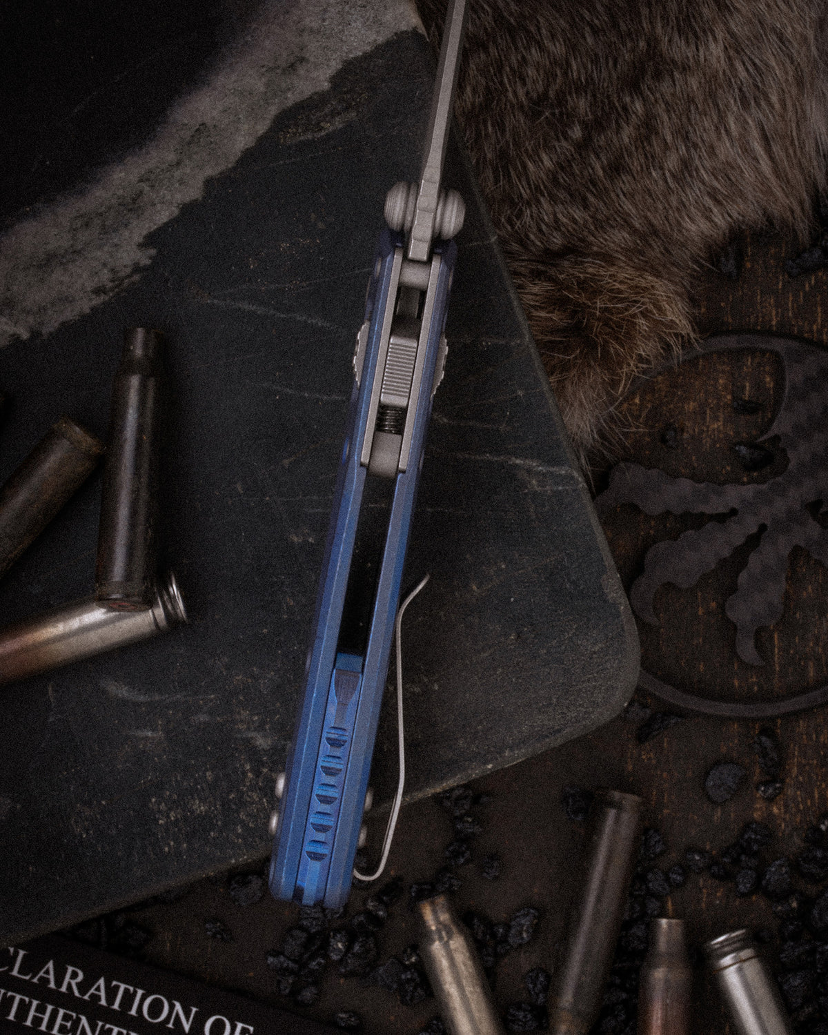 MSI® RAM-LOK® MINI FULL SERRATED MARFIONE SELECT APOCALYPTIC® FINISH ANTIQUE BLUE ANODIZED SLAB SIDE TITANIUM W/ BLUE TITANIUM ACCENT APOCALYPTIC® STAINLESS (210M-12APMS2)