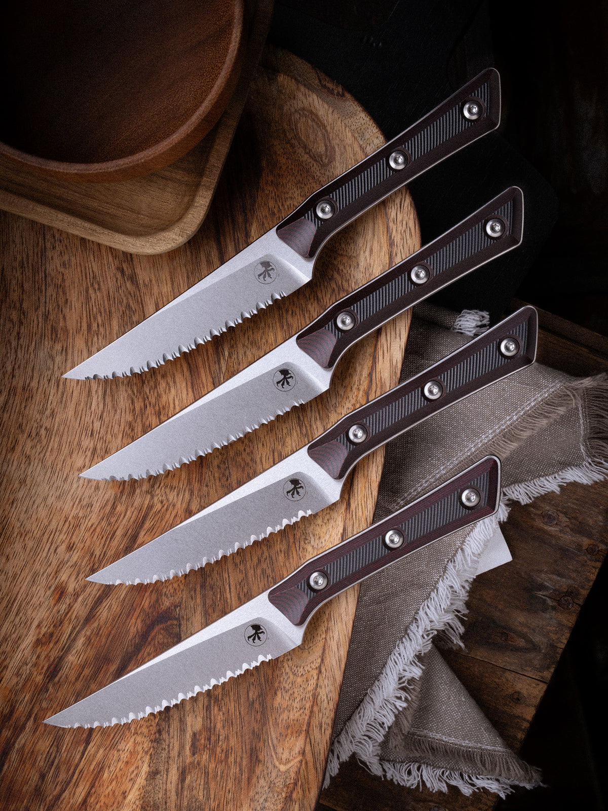 Steak Knife Set (4) Stonewash Full Serrate Black Cherry G-10 (3600-12SETBC)