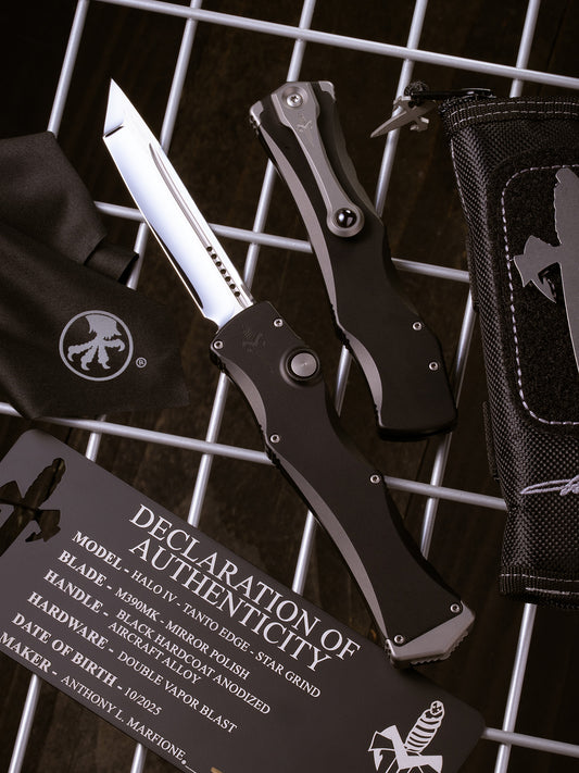 HALO IV TANTO EDGE- STAR GRIND MIRROR POLISH BLACK HARDCOAT ANODIZED ALLOY DOUBLE VAPOR BLAST MADE IN USA