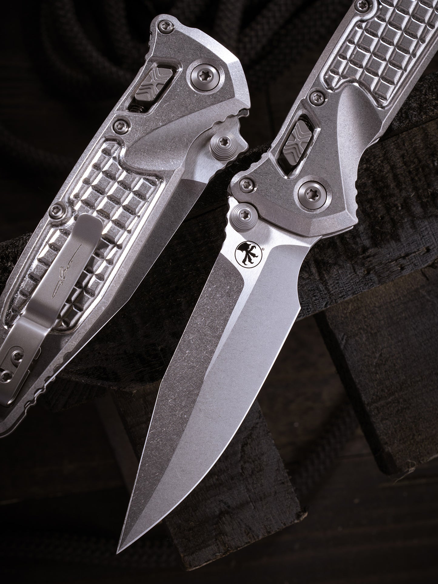 Socom® Elite RAM-LOK™ – Spear Point Marfione Select Stonewash Finish Frag Pattern Titanium W/ Blue Titanium Accent Double Vapor Blast Stainless