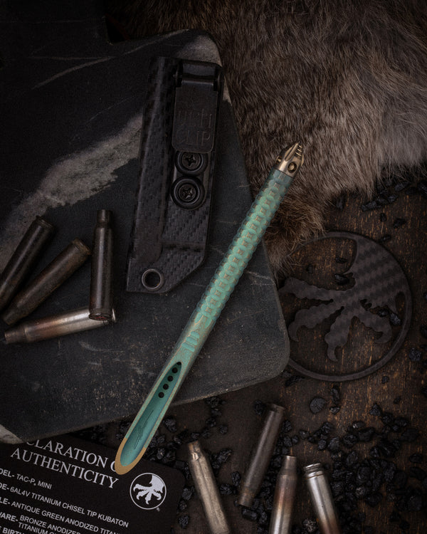 TAC P® MINI TITANIUM CHISEL TIP KUBATON ANTIQUE GREEN ANODIZED TITANIUM BRONZE ANODIZED TITANIUM GLASSBREAKER (112M-MS2)