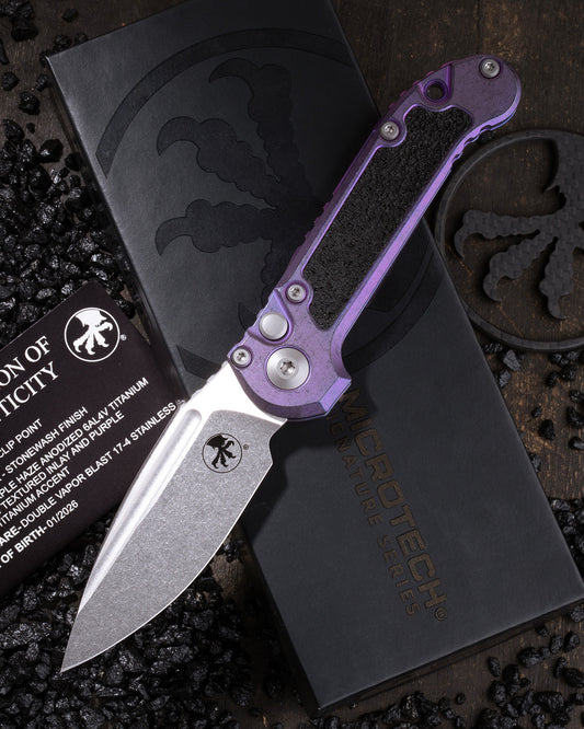 L.U.D.T CLIP POINT MARFIONE SELECT STONEWASH FINISH PURPLE HAZE ANODIZED TITANIUM W/ TEXTURED INLAY AND PURPLE TITANIUM ACCENT DOUBLE VAPOR BLAST STAINLESS