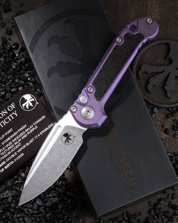 L.U.D.T CLIP POINT MARFIONE SELECT STONEWASH FINISH PURPLE HAZE ANODIZED TITANIUM W/ TEXTURED INLAY AND PURPLE TITANIUM ACCENT DOUBLE VAPOR BLAST STAINLESS