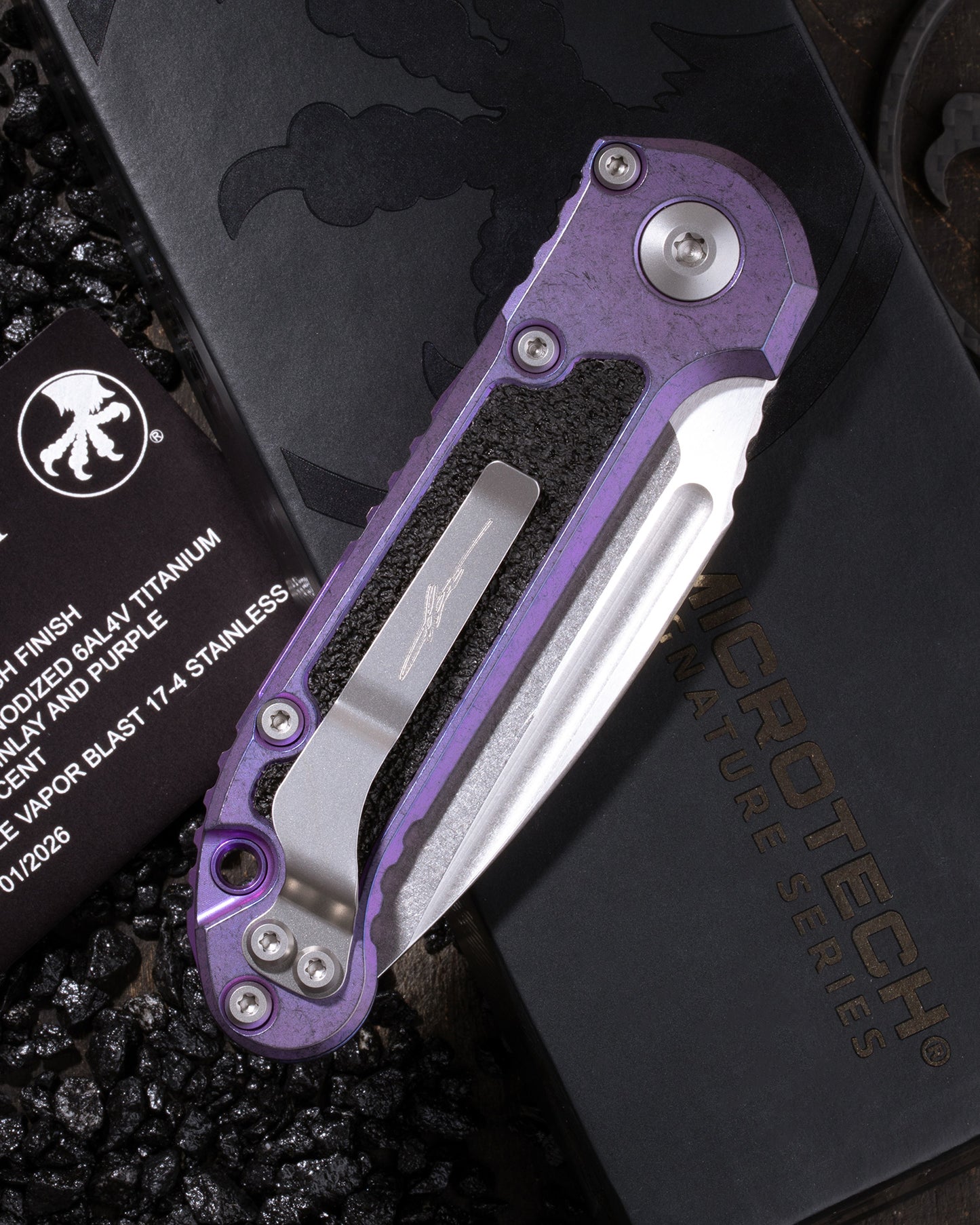L.U.D.T CLIP POINT MARFIONE SELECT STONEWASH FINISH PURPLE HAZE ANODIZED TITANIUM W/ TEXTURED INLAY AND PURPLE TITANIUM ACCENT DOUBLE VAPOR BLAST STAINLESS