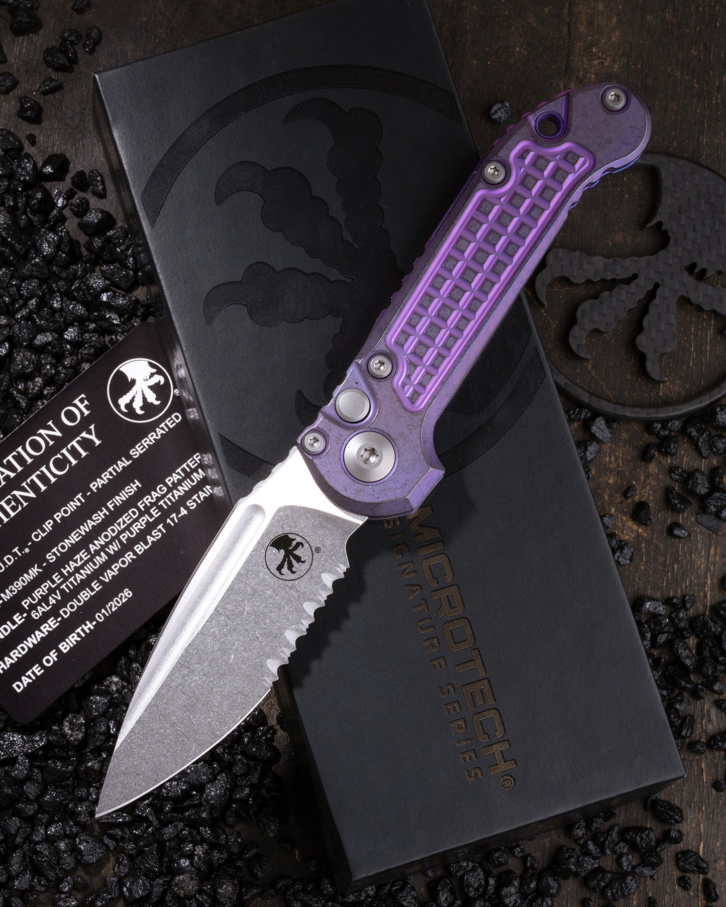 L.U.D.T – CLIP POINT PARTIAL SERRATED MARFIONE SELECT STONEWASH FINISH PURPLE HAZE ANODIZED FRAG PATTERN TITANIUM W/PURPLE TITANIUM ACCENT DOUBLE VAPOR BLAST STAINLESS
