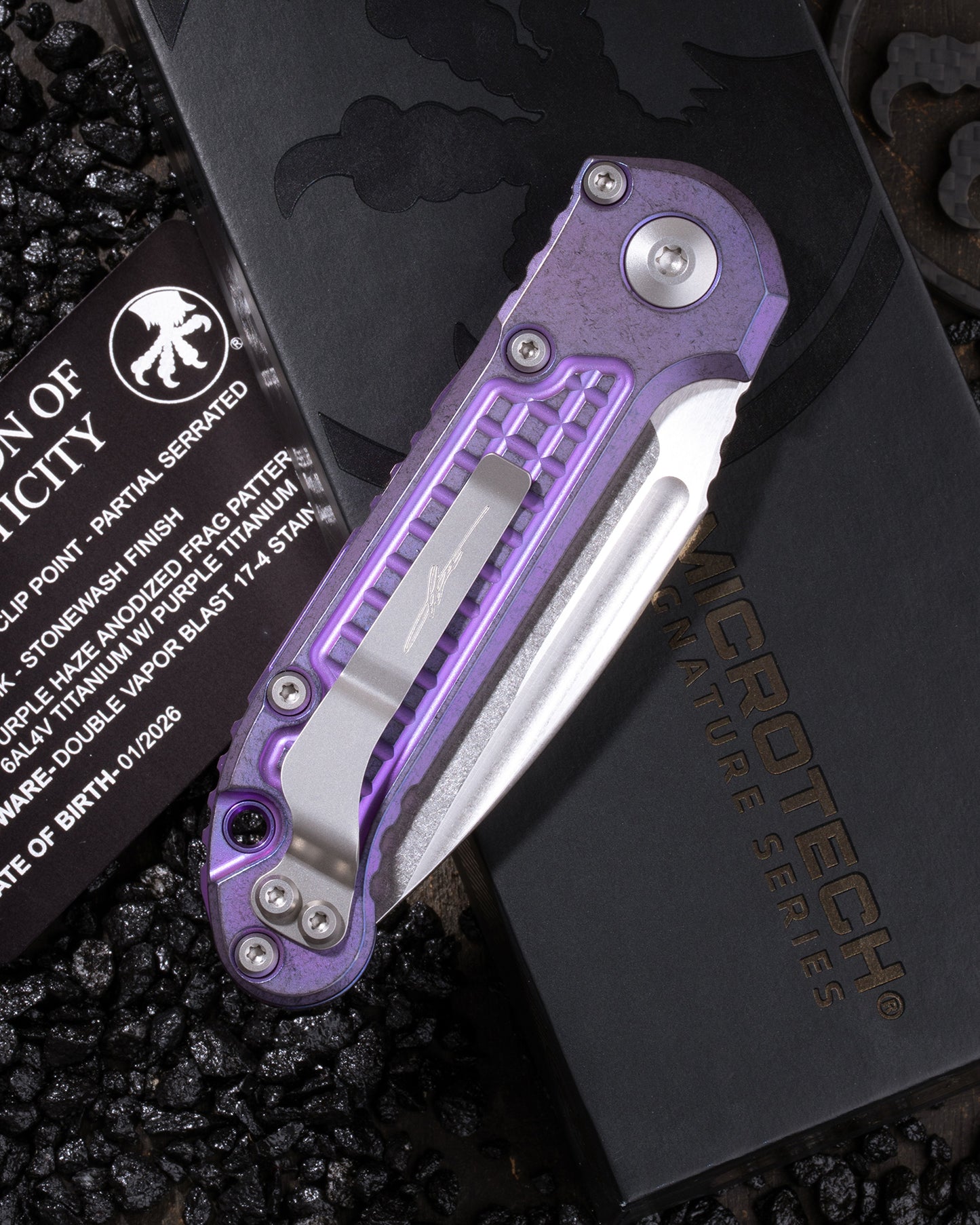 L.U.D.T – CLIP POINT PARTIAL SERRATED MARFIONE SELECT STONEWASH FINISH PURPLE HAZE ANODIZED FRAG PATTERN TITANIUM W/PURPLE TITANIUM ACCENT DOUBLE VAPOR BLAST STAINLESS