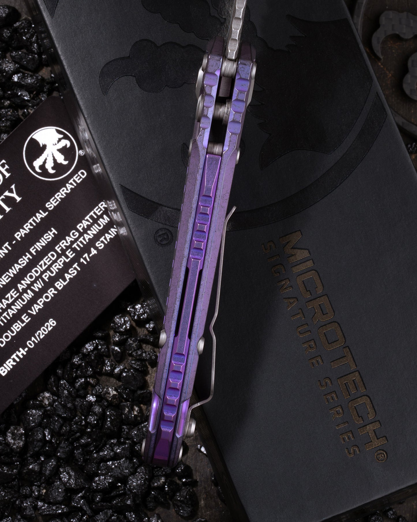 L.U.D.T – CLIP POINT PARTIAL SERRATED MARFIONE SELECT STONEWASH FINISH PURPLE HAZE ANODIZED FRAG PATTERN TITANIUM W/PURPLE TITANIUM ACCENT DOUBLE VAPOR BLAST STAINLESS