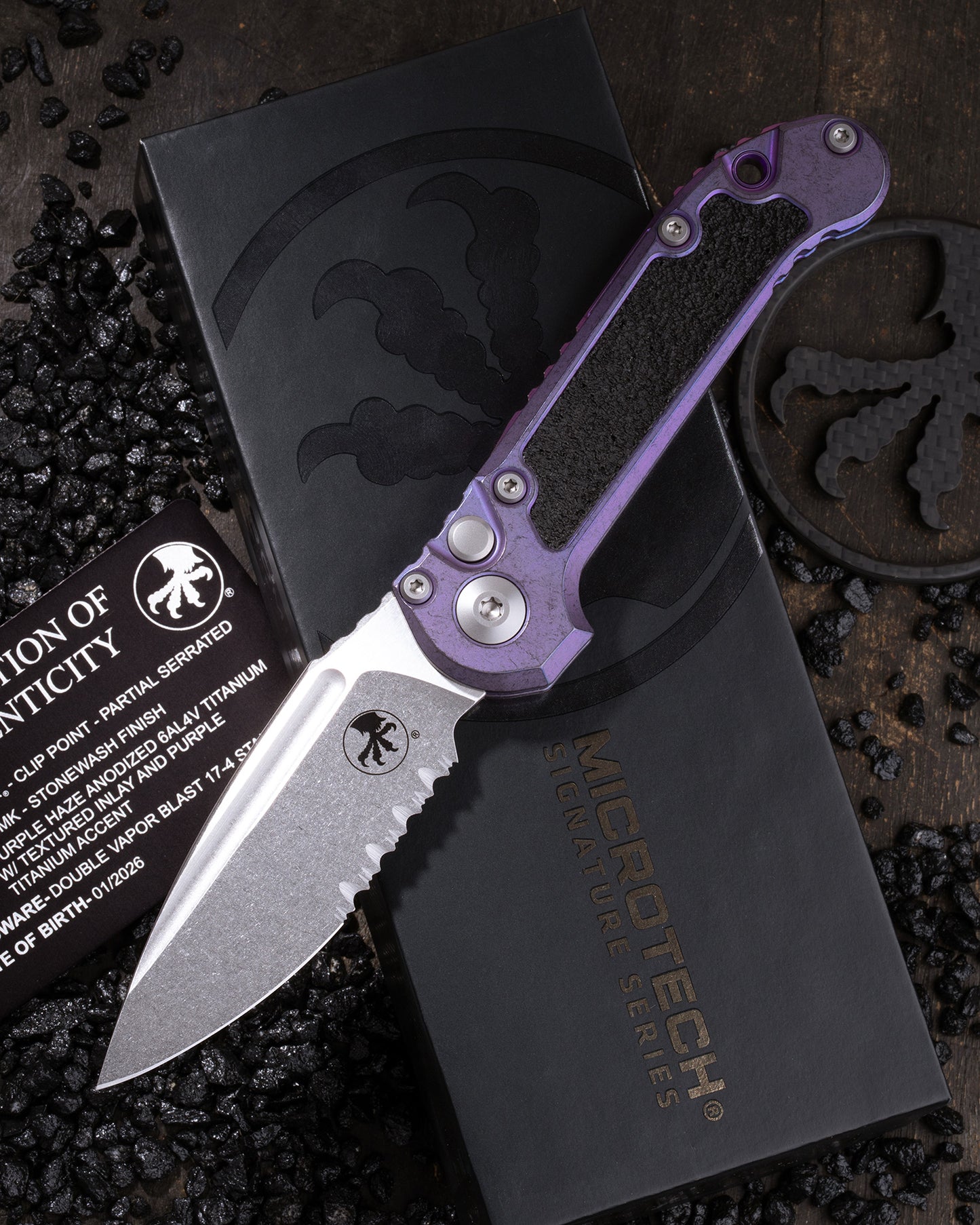 L.U.D.T – CLIP POINT PARTIAL SERRATED MARFIONE SELECT STONEWASH FINISH PURPLE HAZE ANODIZED TITANIUM W/TEXTURED INLAY AND PURPLE TITANIUM ACCENT DOUBLE VAPOR BLAST STAINLESS