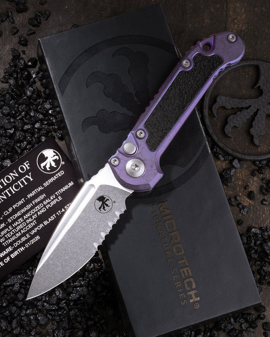 L.U.D.T – CLIP POINT PARTIAL SERRATED MARFIONE SELECT STONEWASH FINISH PURPLE HAZE ANODIZED TITANIUM W/TEXTURED INLAY AND PURPLE TITANIUM ACCENT DOUBLE VAPOR BLAST STAINLESS