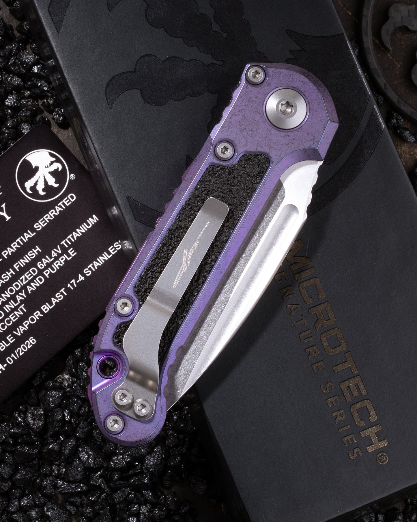 L.U.D.T – CLIP POINT PARTIAL SERRATED MARFIONE SELECT STONEWASH FINISH PURPLE HAZE ANODIZED TITANIUM W/TEXTURED INLAY AND PURPLE TITANIUM ACCENT DOUBLE VAPOR BLAST STAINLESS
