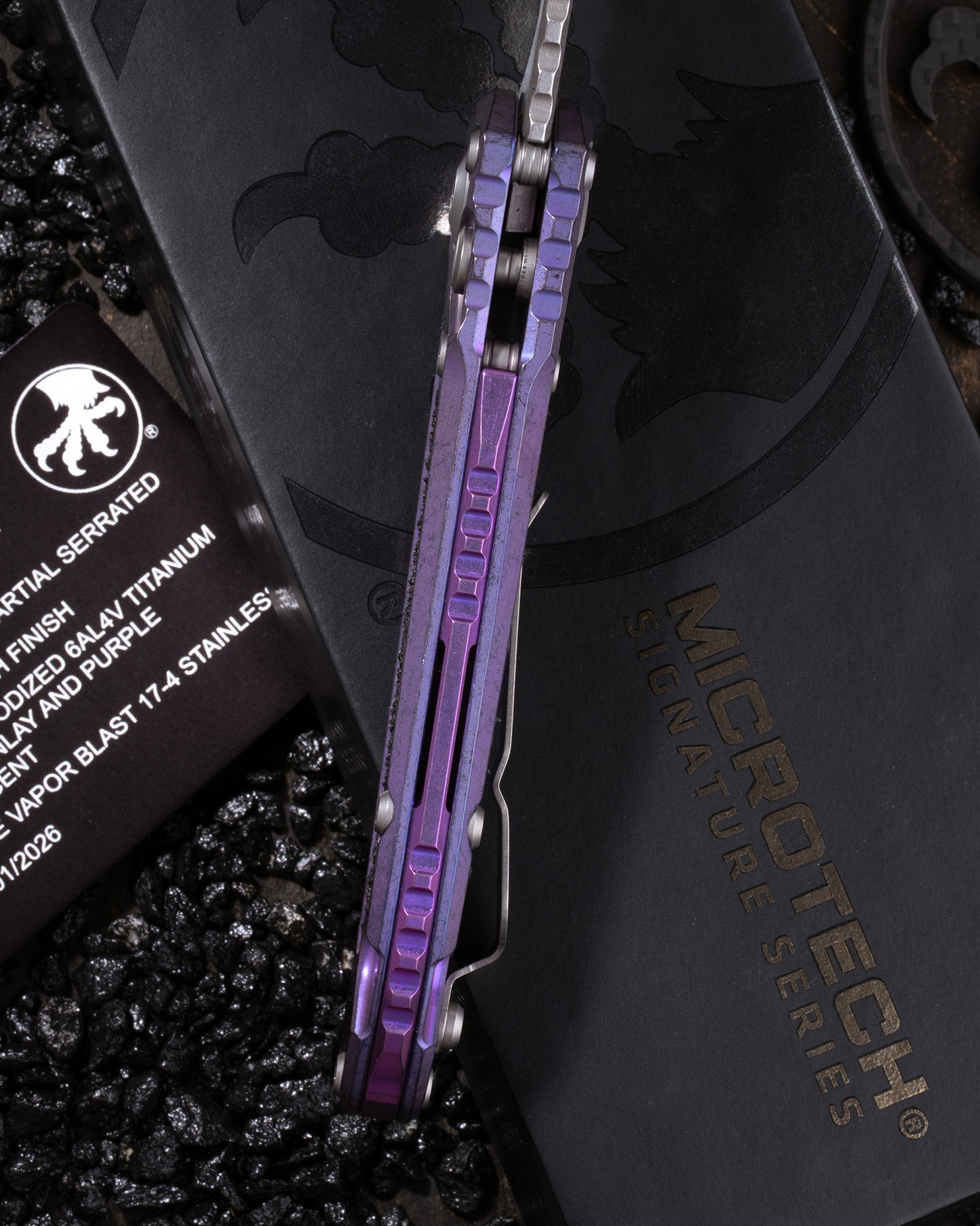 L.U.D.T – CLIP POINT PARTIAL SERRATED MARFIONE SELECT STONEWASH FINISH PURPLE HAZE ANODIZED TITANIUM W/TEXTURED INLAY AND PURPLE TITANIUM ACCENT DOUBLE VAPOR BLAST STAINLESS