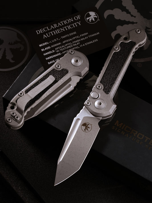 L.U.D.T TANTO EDGE MARFIONE SELECT APOCALYPTIC FINISH APOCALYPTIC FINISH TITANIUM W/ TEXTURED INLAY APOCALYPTIC STAINLESS