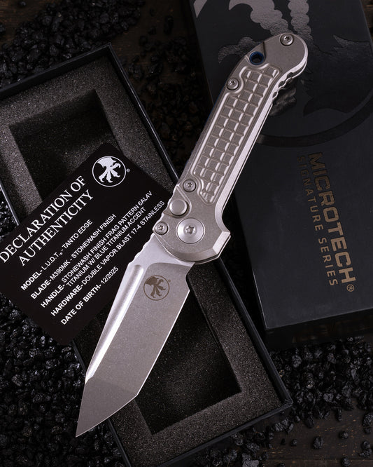LUDT – TANTO EDGE MARFIONE SELECT STONEWASH FINISH STONEWASH FINISH FRAG PATTERN TITANIUM W/BLUE TITANIUM ACCENT DOUBLE VAPOR BLAST STAINLESS