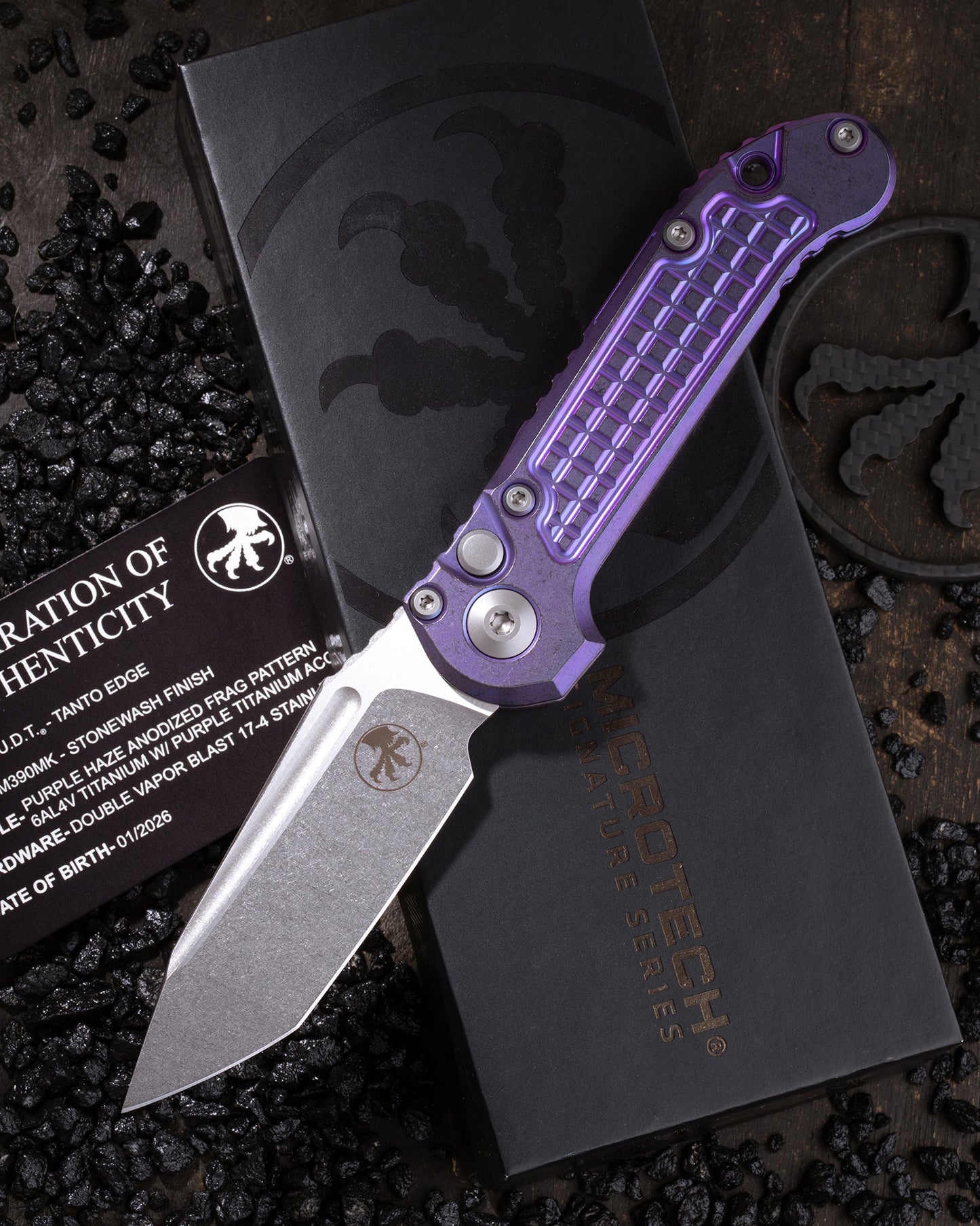 L.U.D.T – TANTO EDGE MARFIONE SELECT STONEWASH FINISH PURPLE HAZE ANODIZED FRAG PATTERN TITANIUM W/PURPLE TITANIUM ACCENT DOUBLE VAPOR BLAST STAINLESS