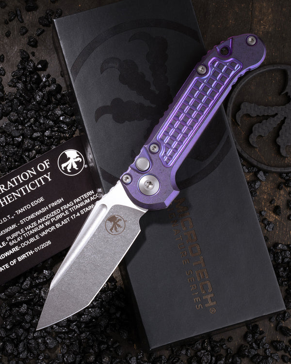 L.U.D.T – TANTO EDGE MARFIONE SELECT STONEWASH FINISH PURPLE HAZE ANODIZED FRAG PATTERN TITANIUM W/PURPLE TITANIUM ACCENT DOUBLE VAPOR BLAST STAINLESS