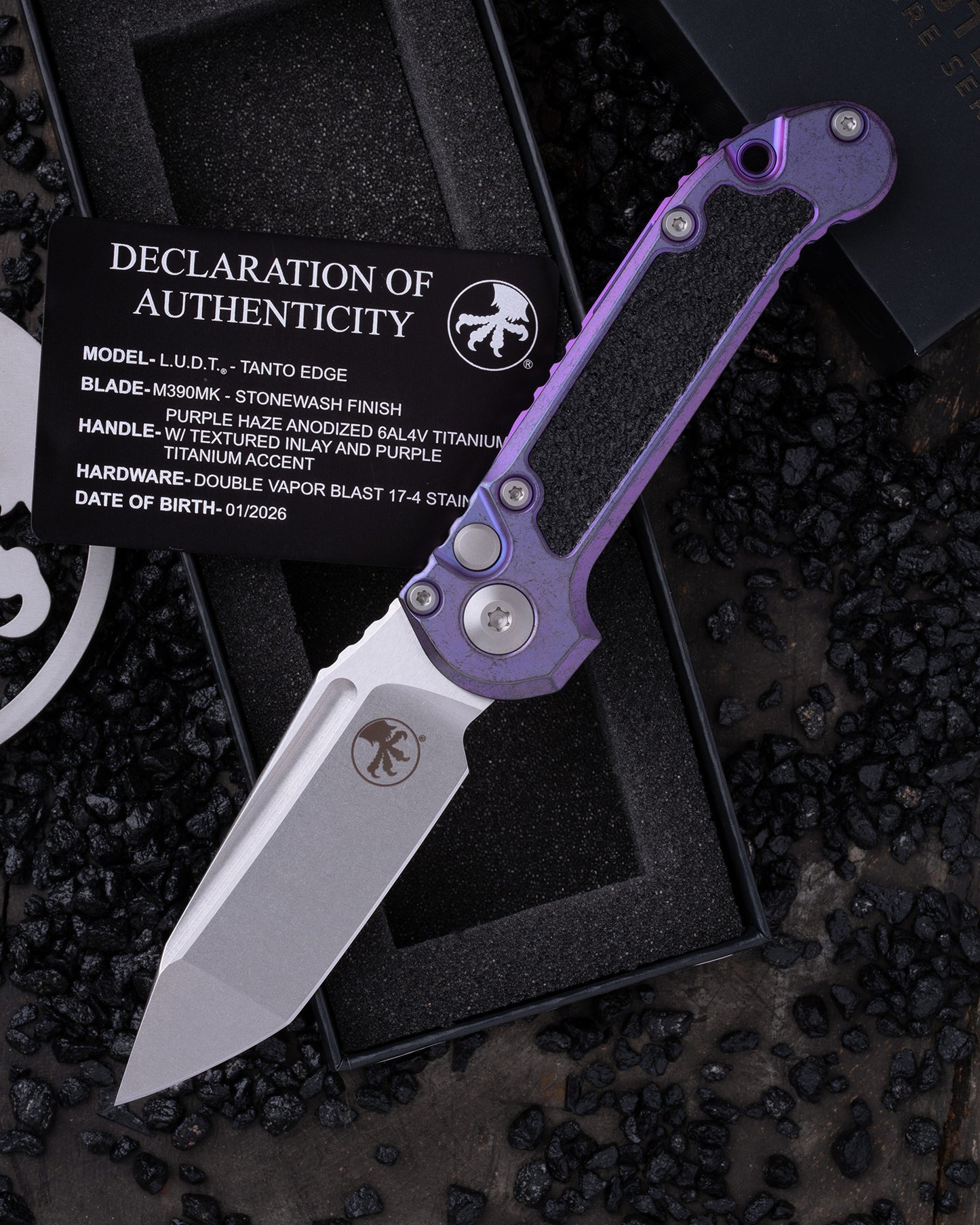 LUDT – TANTO EDGE PARTIAL SERRATED MARFIONE SELECT STONEWASH FINISH PURPLE HAZE ANODIZED TITANIUM W/TEXTURED INLAY AND PURPLE TITANIUM ACCENT DOUBLE VAPOR BLAST STAINLESS (1136-10MS10)