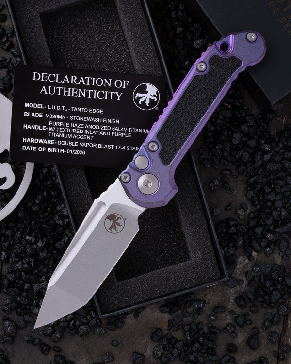LUDT – TANTO EDGE PARTIAL SERRATED MARFIONE SELECT STONEWASH FINISH PURPLE HAZE ANODIZED TITANIUM W/TEXTURED INLAY AND PURPLE TITANIUM ACCENT DOUBLE VAPOR BLAST STAINLESS (1136-10MS10)