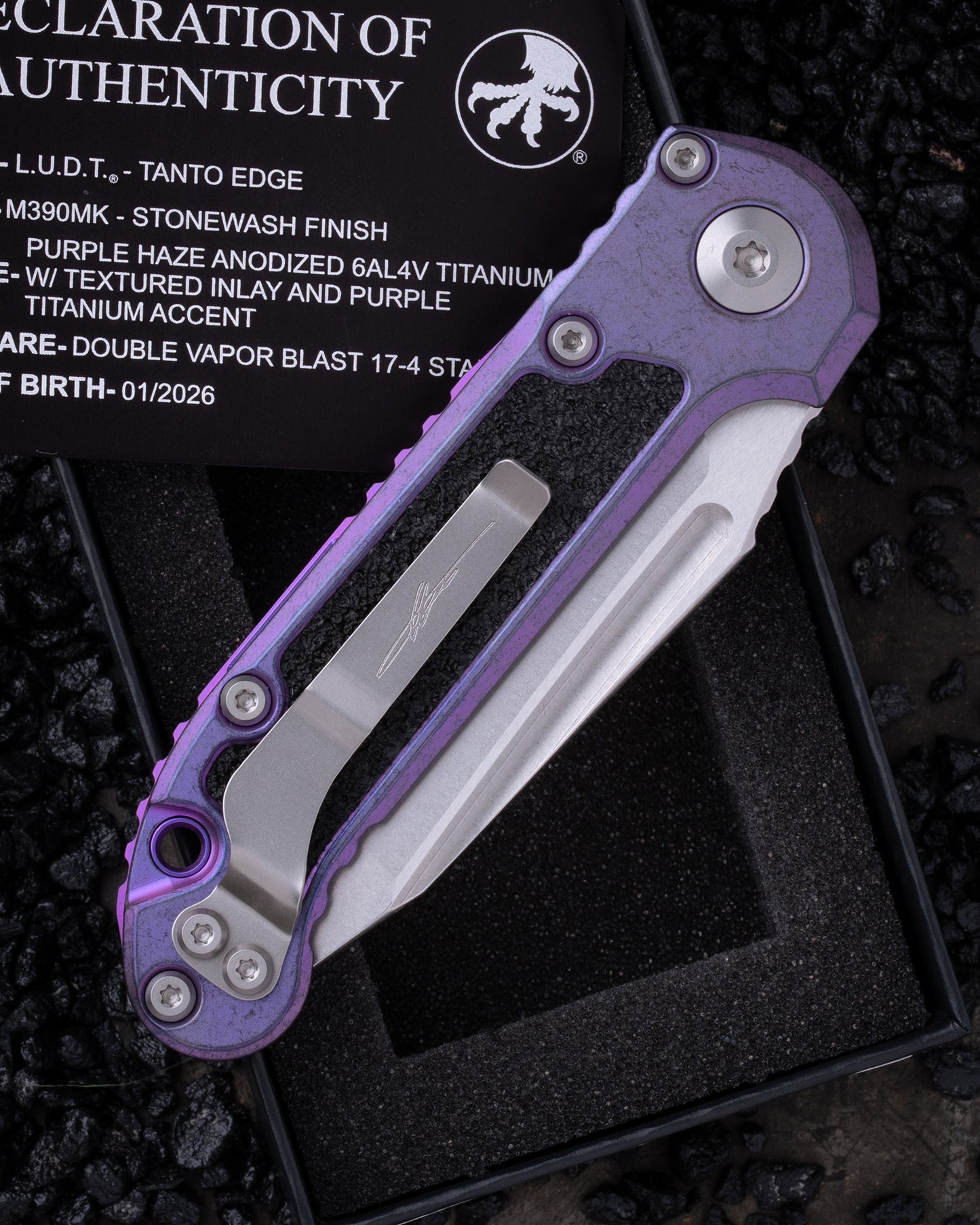 LUDT – TANTO EDGE PARTIAL SERRATED MARFIONE SELECT STONEWASH FINISH PURPLE HAZE ANODIZED TITANIUM W/TEXTURED INLAY AND PURPLE TITANIUM ACCENT DOUBLE VAPOR BLAST STAINLESS (1136-10MS10)