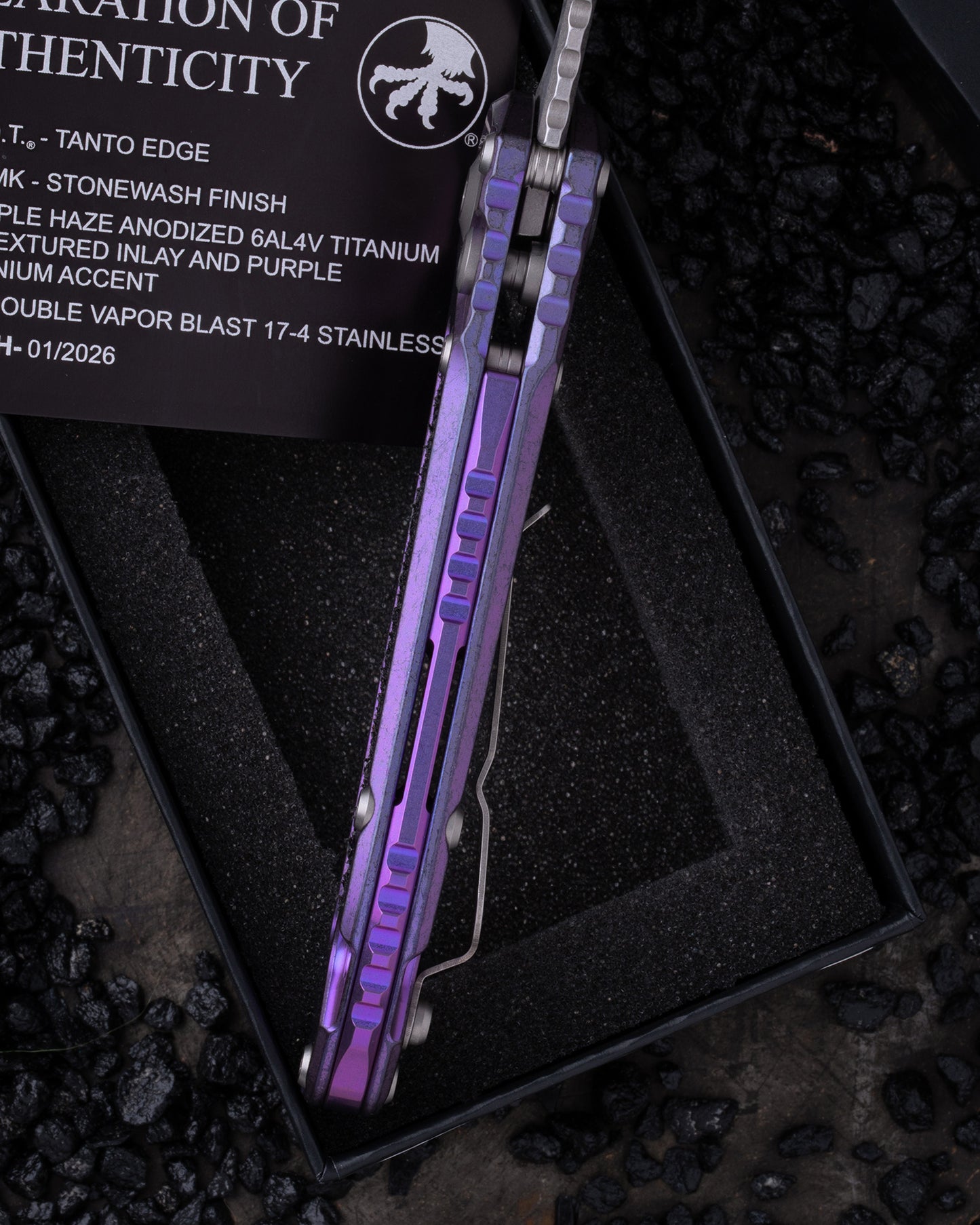 LUDT – TANTO EDGE PARTIAL SERRATED MARFIONE SELECT STONEWASH FINISH PURPLE HAZE ANODIZED TITANIUM W/TEXTURED INLAY AND PURPLE TITANIUM ACCENT DOUBLE VAPOR BLAST STAINLESS (1136-10MS10)