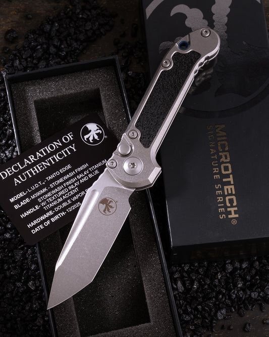 L.U.D.T TANTO EDGE MARFIONE SELECT STONEWASH FINISH STONEWASH FINISH TITANIUM W/ TEXTURED INLAY AND BLUE TITANIUM ACCENT DOUBLE VAPOR BLAST STAINLESS