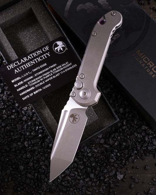 L.U.D.T TANTO EDGE MARFIONE SELECT STONEWASH FINISH STONEWASH FINISH SLAB SIDE TITANIUM W/ PURPLE TITANIUM ACCENT DOUBLE VAPOR BLAST STAINLESS
