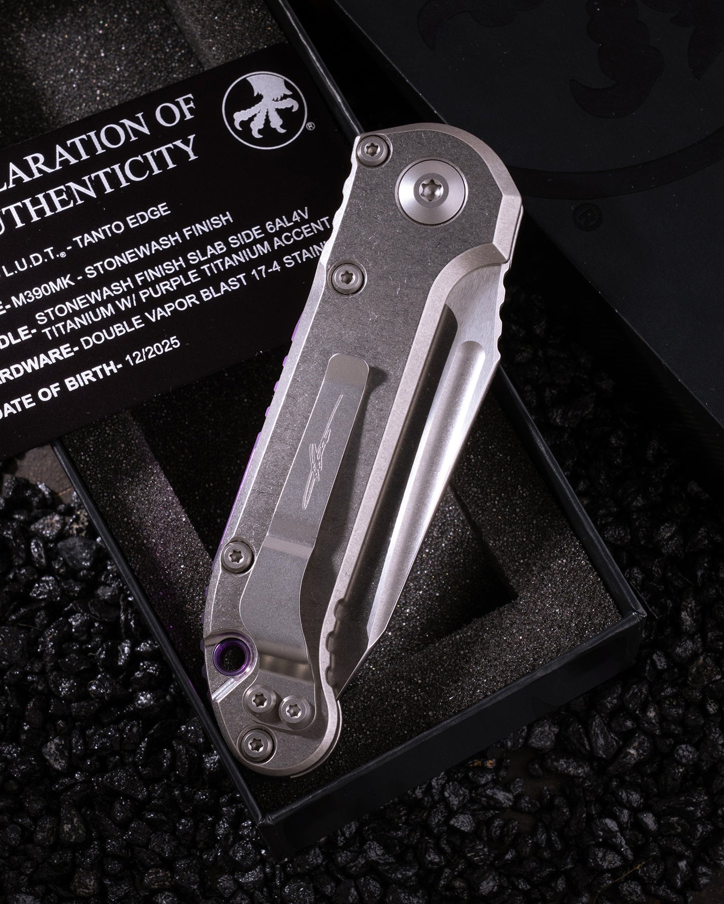 L.U.D.T TANTO EDGE MARFIONE SELECT STONEWASH FINISH STONEWASH FINISH SLAB SIDE TITANIUM W/ PURPLE TITANIUM ACCENT DOUBLE VAPOR BLAST STAINLESS