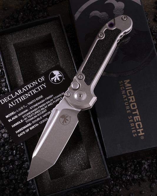 L.U.D.T TANTO EDGE MARFIONE SELECT STONEWASH FINISH STONEWASH FINSIH TITANIUM W/ TEXTURED INLAY AND PURPLE TITANIUM ACCENT DOUBLE VAPOR BLAST STAINLESS