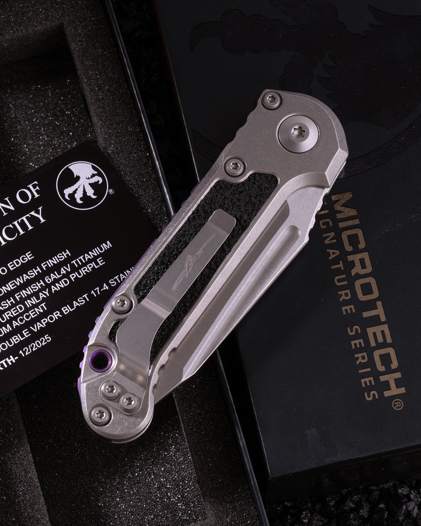 L.U.D.T TANTO EDGE MARFIONE SELECT STONEWASH FINISH STONEWASH FINSIH TITANIUM W/ TEXTURED INLAY AND PURPLE TITANIUM ACCENT DOUBLE VAPOR BLAST STAINLESS