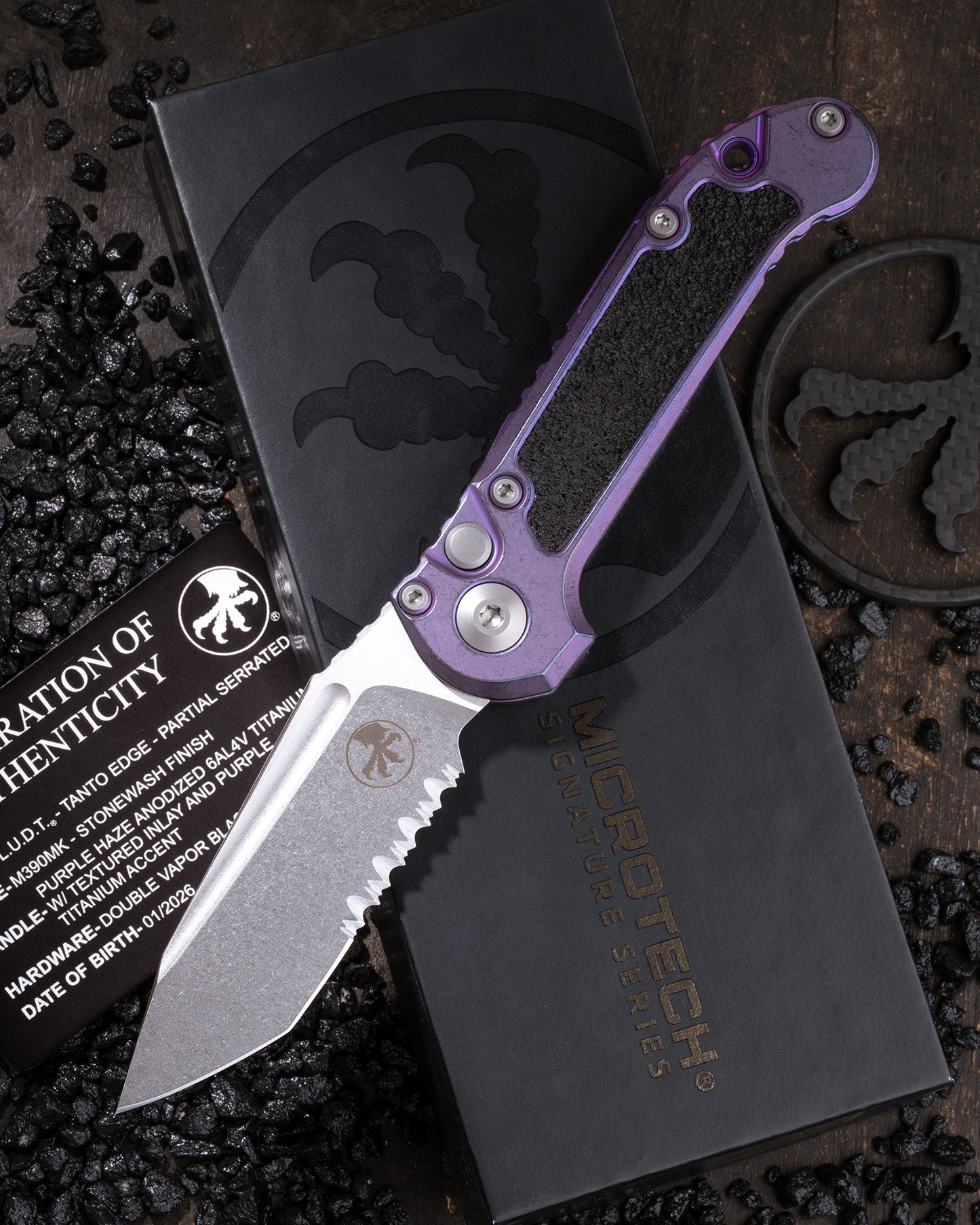 L.U.D.T. – TANTO EDGE PARTIAL SERRATED MARFIONE SELECT STONEWASH FINISH PURPLE HAZE ANODIZED TITANIUM W/TEXTURED INLAY AND PURPLE TITANIUM ACCENT DOUBLE VAPOR BLAST STAINLESS