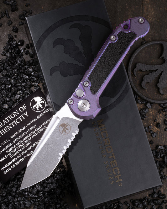 L.U.D.T. – TANTO EDGE PARTIAL SERRATED MARFIONE SELECT STONEWASH FINISH PURPLE HAZE ANODIZED TITANIUM W/TEXTURED INLAY AND PURPLE TITANIUM ACCENT DOUBLE VAPOR BLAST STAINLESS