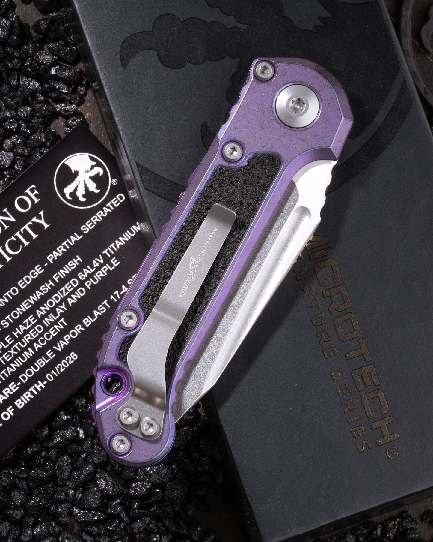 L.U.D.T. – TANTO EDGE PARTIAL SERRATED MARFIONE SELECT STONEWASH FINISH PURPLE HAZE ANODIZED TITANIUM W/TEXTURED INLAY AND PURPLE TITANIUM ACCENT DOUBLE VAPOR BLAST STAINLESS