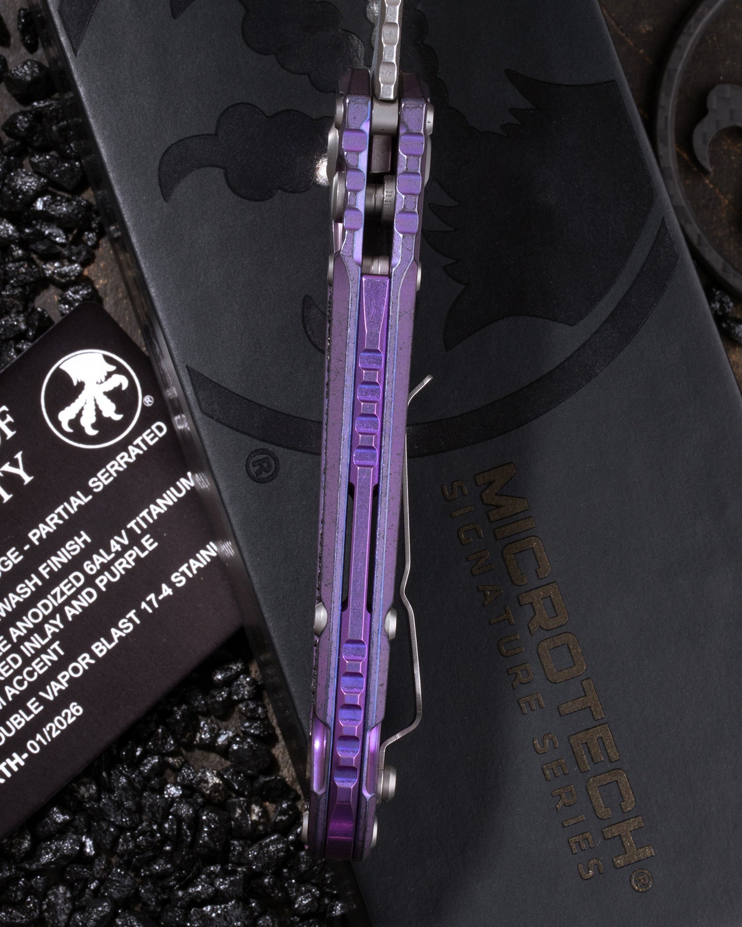 L.U.D.T. – TANTO EDGE PARTIAL SERRATED MARFIONE SELECT STONEWASH FINISH PURPLE HAZE ANODIZED TITANIUM W/TEXTURED INLAY AND PURPLE TITANIUM ACCENT DOUBLE VAPOR BLAST STAINLESS