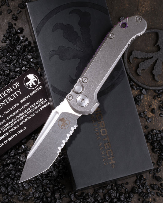 L.U.D.T. – TANTO EDGE PARTIAL SERRATED MARFIONE SELECT STONEWASH FINISH STONEWASH FINISH SLAB SIDE TITANIUM W/ PURPLE TITANIUM ACCENT DOUBLE VAPOR BLAST STAINLESS