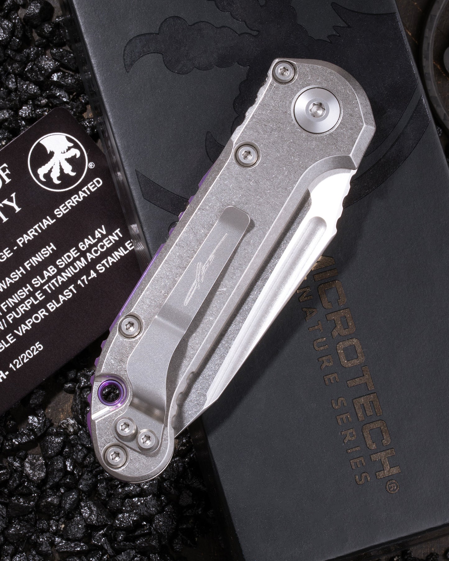 L.U.D.T. – TANTO EDGE PARTIAL SERRATED MARFIONE SELECT STONEWASH FINISH STONEWASH FINISH SLAB SIDE TITANIUM W/ PURPLE TITANIUM ACCENT DOUBLE VAPOR BLAST STAINLESS