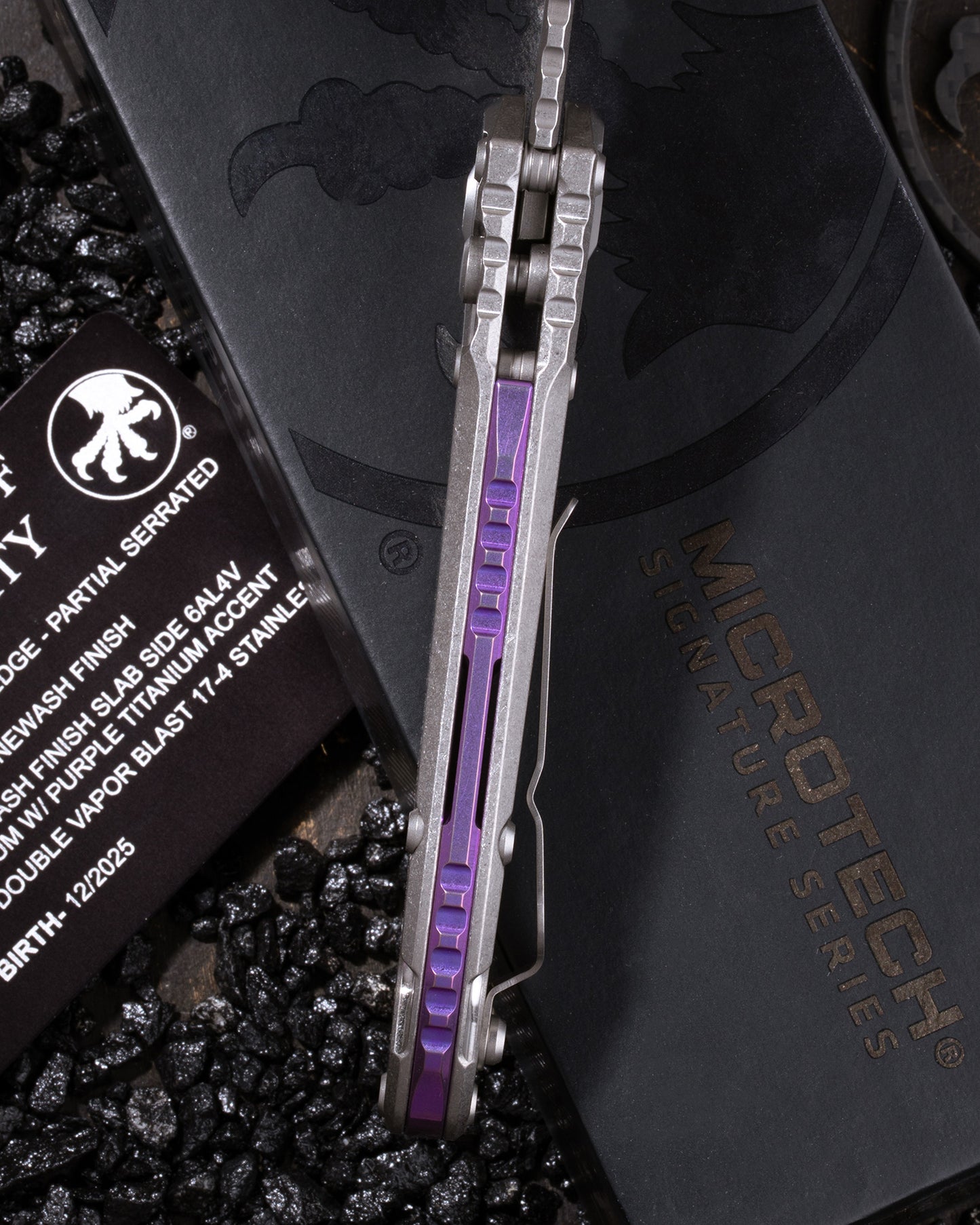 L.U.D.T. – TANTO EDGE PARTIAL SERRATED MARFIONE SELECT STONEWASH FINISH STONEWASH FINISH SLAB SIDE TITANIUM W/ PURPLE TITANIUM ACCENT DOUBLE VAPOR BLAST STAINLESS