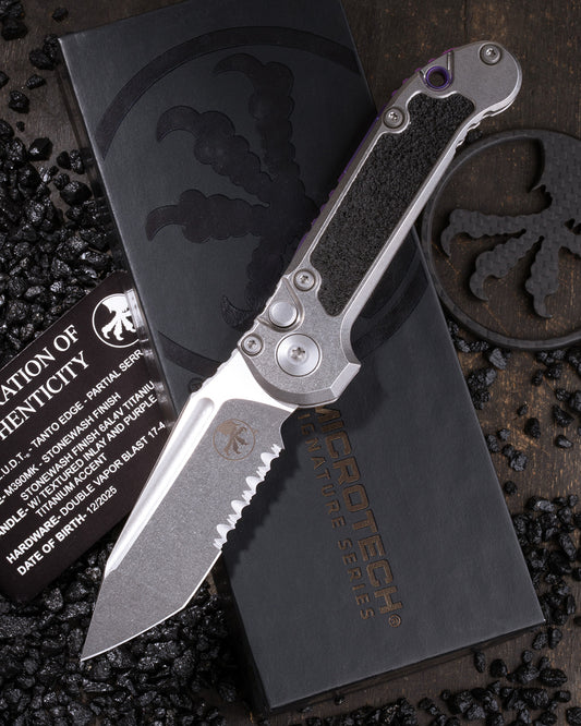 L.U.D.T. – TANTO EDGE PARTIAL SERRATED MARFIONE SELECT STONEWASH FINISH STONEWASH FINISH TITANIUM W/ TEXTURED INLAY AND PURPLE TITANIUM ACCENT DOUBLE VAPOR BLAST STAINLESS