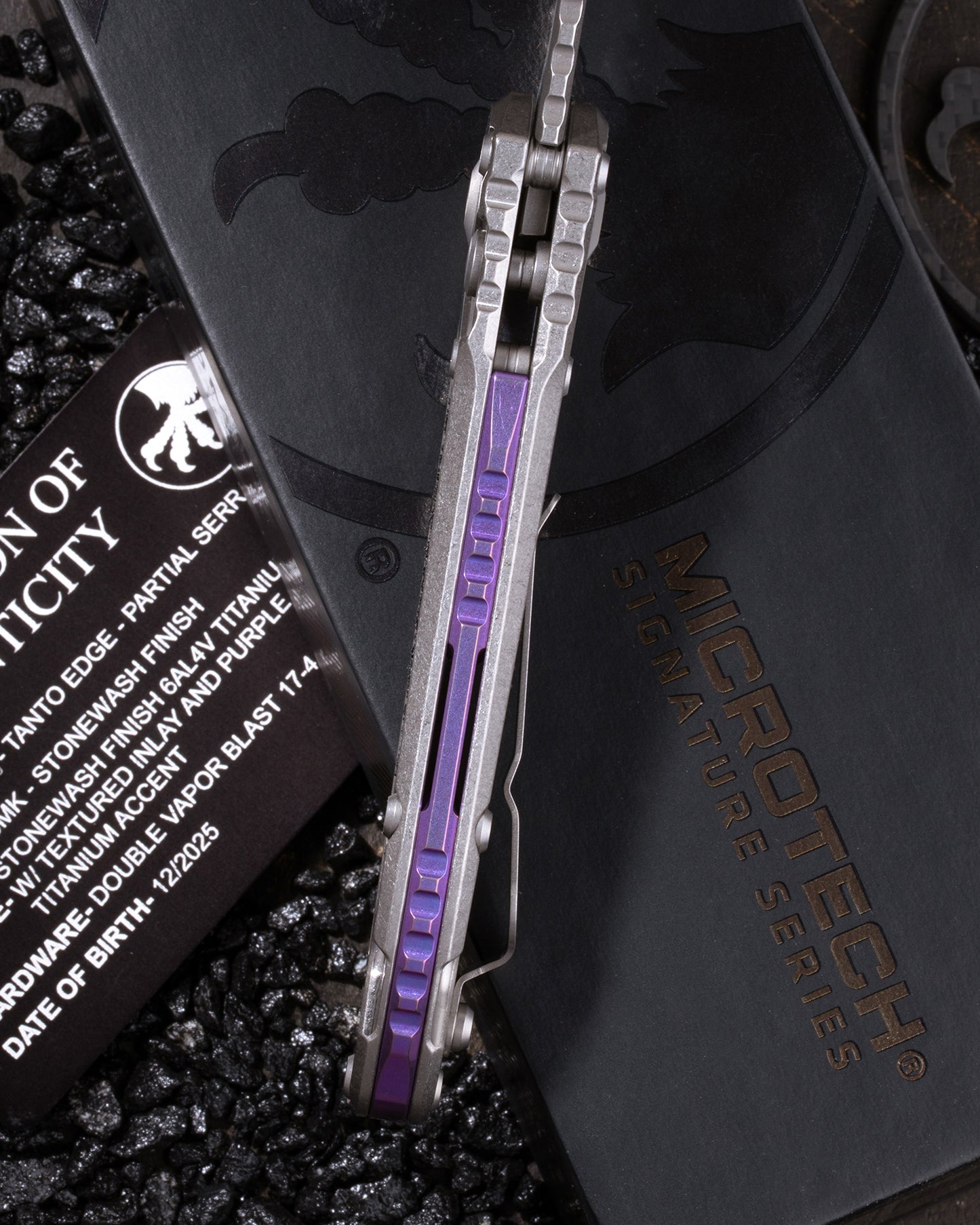 L.U.D.T. – TANTO EDGE PARTIAL SERRATED MARFIONE SELECT STONEWASH FINISH STONEWASH FINISH TITANIUM W/ TEXTURED INLAY AND PURPLE TITANIUM ACCENT DOUBLE VAPOR BLAST STAINLESS