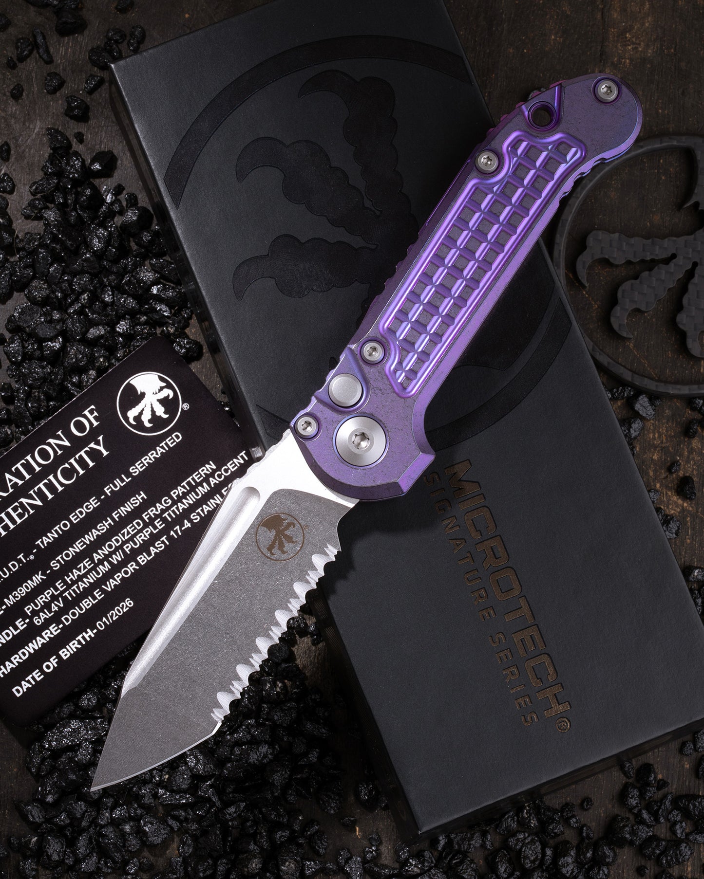 L.U.D.T. – TANTO EDGE FULL SERRATED MARFIONE SELECT STONEWASH FINISH PURPLE HAZE ANODIZED FRAG PATTERN TITANIUM W/PURPLE TITANIUM ACCENT DOUBLE VAPOR BLAST STAINLESS