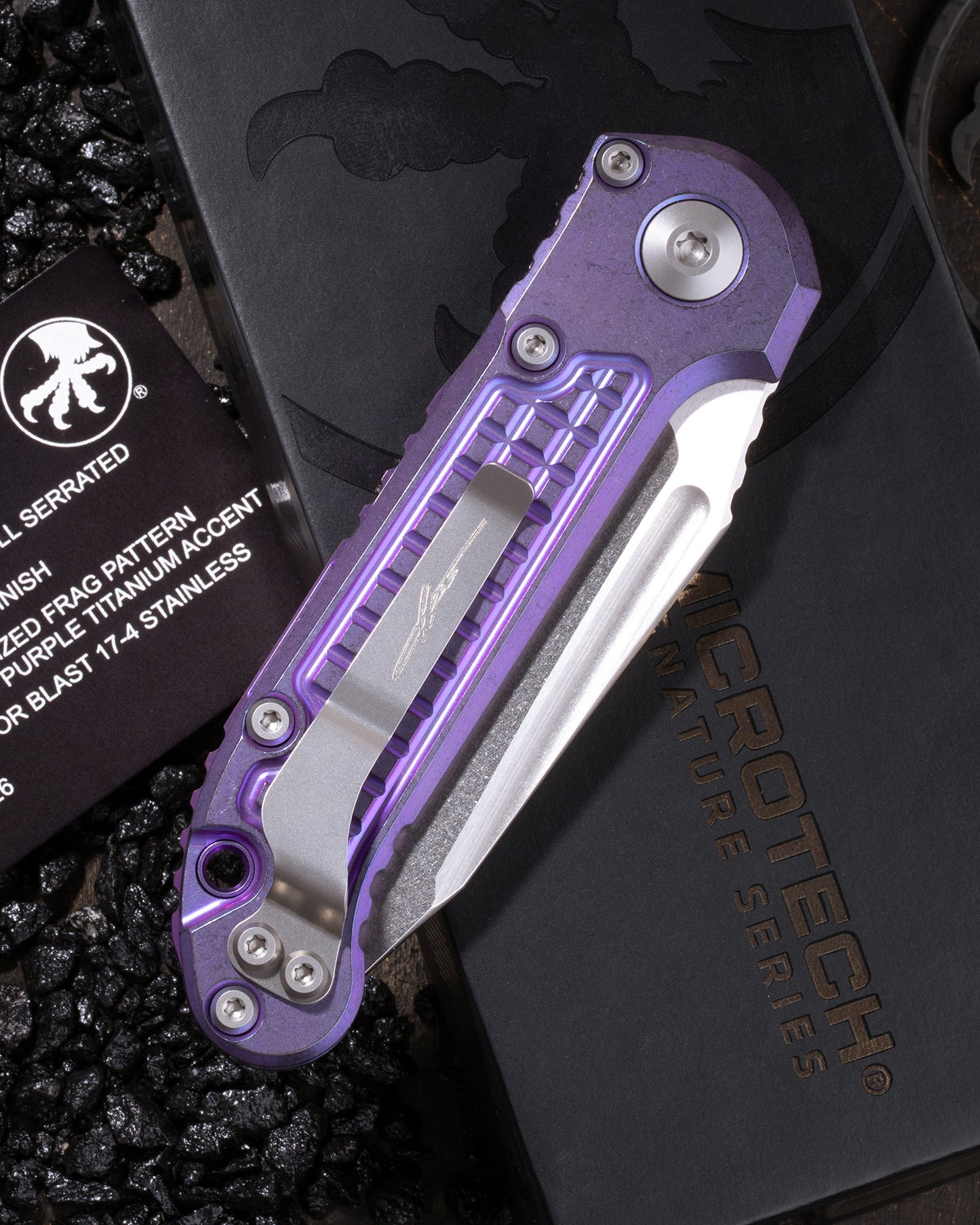 L.U.D.T. – TANTO EDGE FULL SERRATED MARFIONE SELECT STONEWASH FINISH PURPLE HAZE ANODIZED FRAG PATTERN TITANIUM W/PURPLE TITANIUM ACCENT DOUBLE VAPOR BLAST STAINLESS